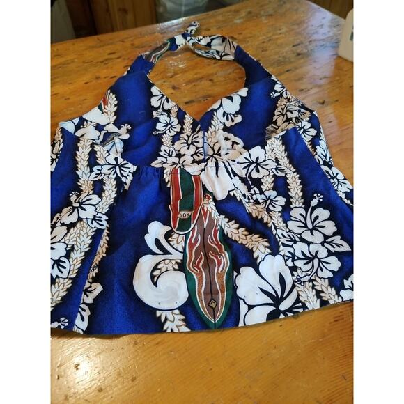 Vintage Hilo Hattie Halter Top Women Small Blue White Cotton Tropical Surfboard - Picture 4 of 8